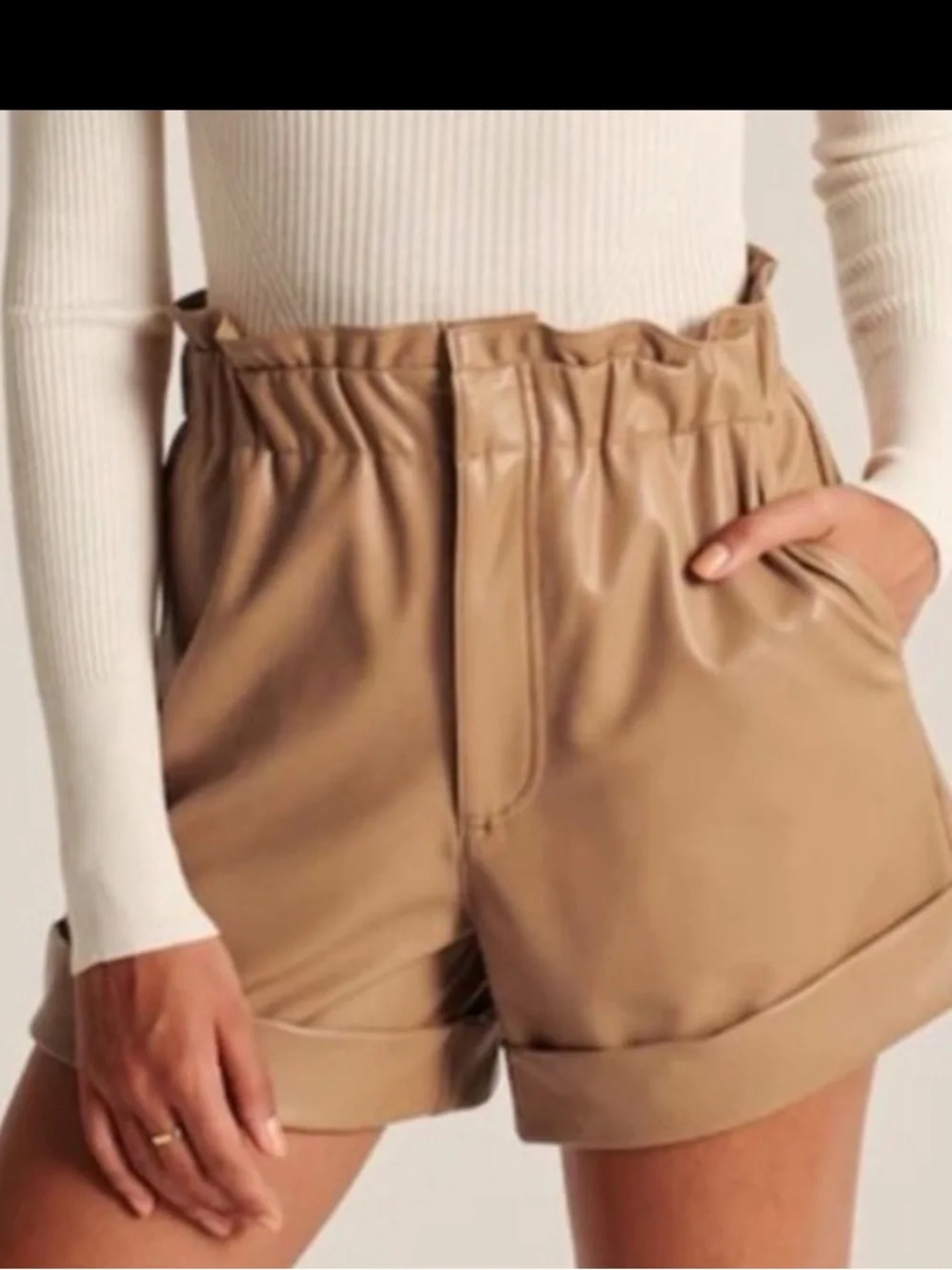 Abercrombie & Fitch Tan High-Waist Faux Leather Paperbag Shorts